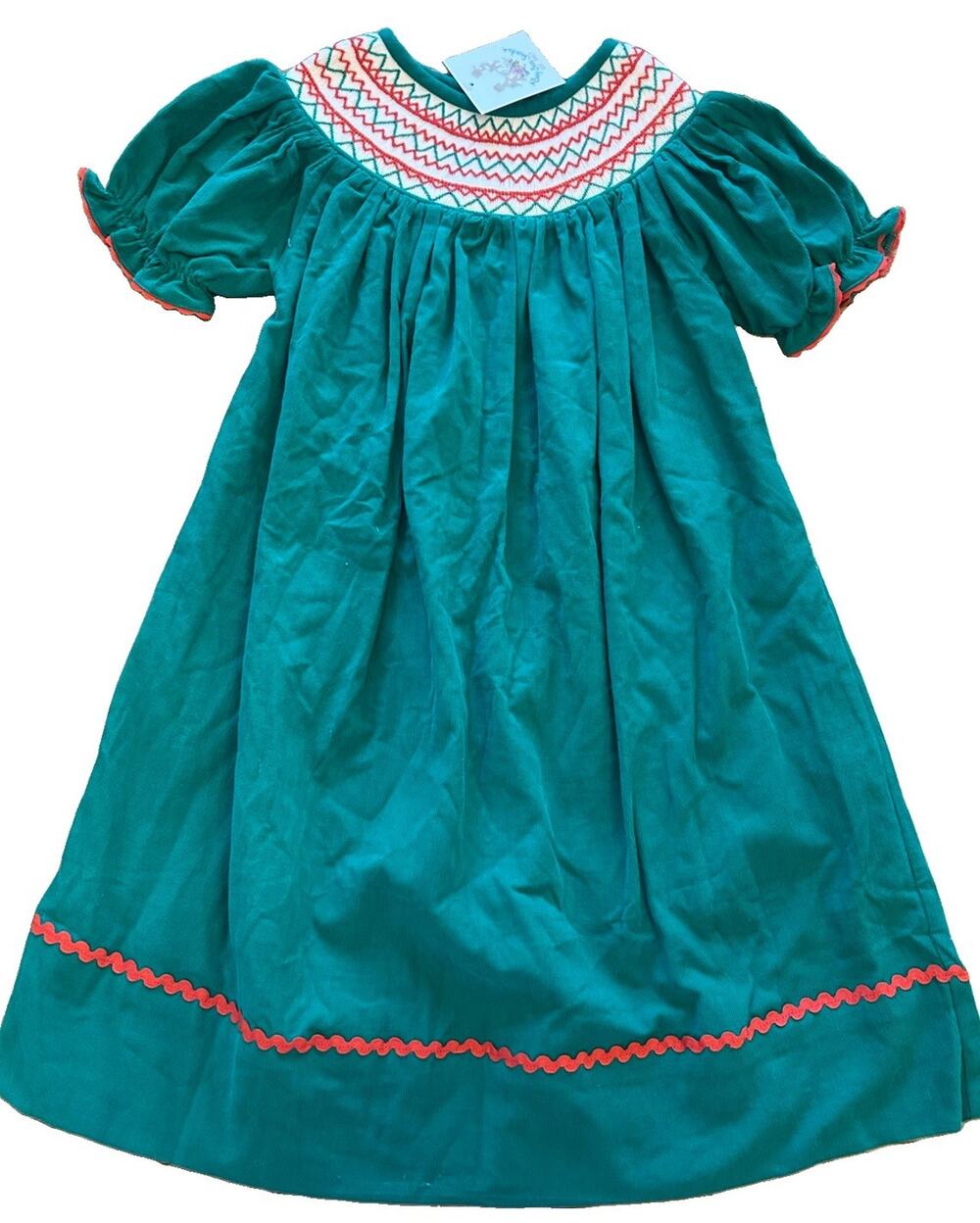 NWT Busy Bees Smocks Smocked Green Corduroy Christmas Red Trim Girls Dress Sz 3T
